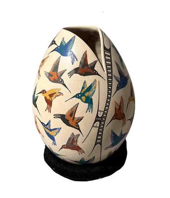 MATA ORTIZ COLORFUL HUMMINGBIRDS CONE VASE - 7 x 4