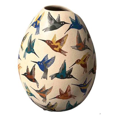 MATA ORTIZ COLORFUL HUMMINGBIRDS CONE VASE - 7 x 4