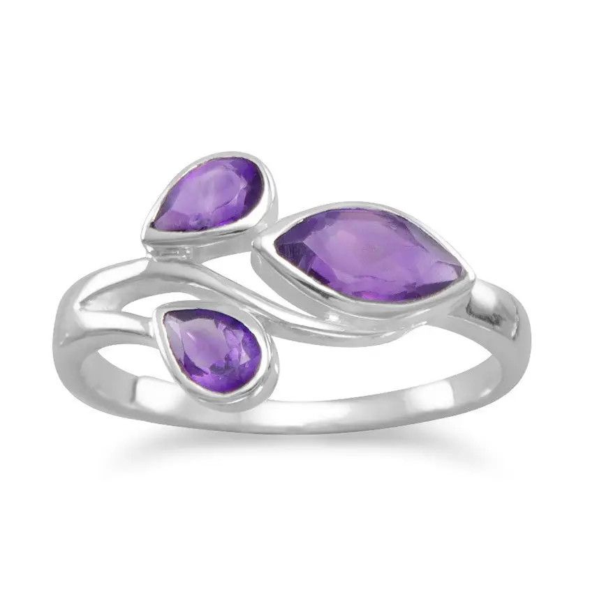 SILVER AMETHYST MARQUISE &amp; PEAR SHAPES RING - 7