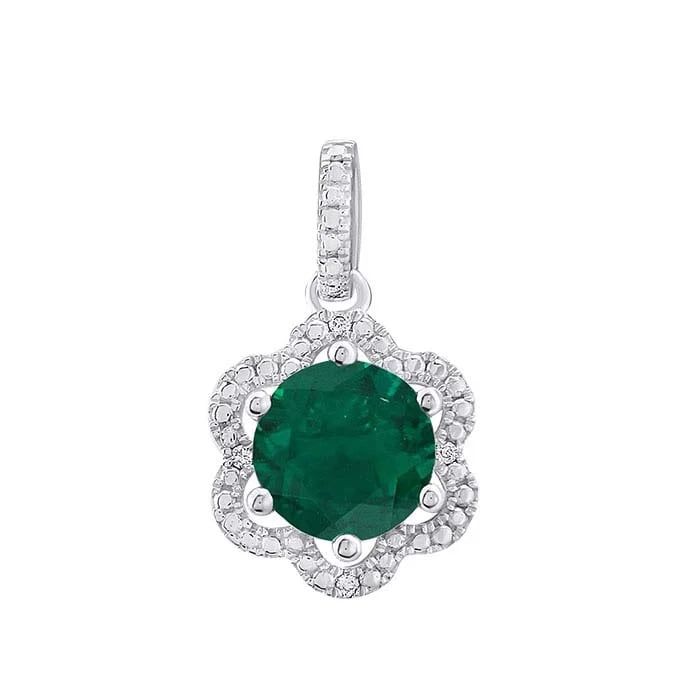 SILVER EMERALD &amp; DIAMOND LAB GROWN FLOWER PENDANT