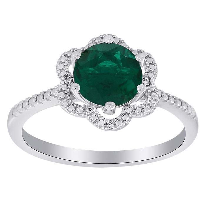 SILVER EMERALD &amp; DIAMOND LAB GROWN FLOWER RING - 7
