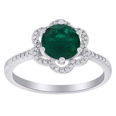 SILVER EMERALD &amp; DIAMOND LAB GROWN FLOWER RING - 7