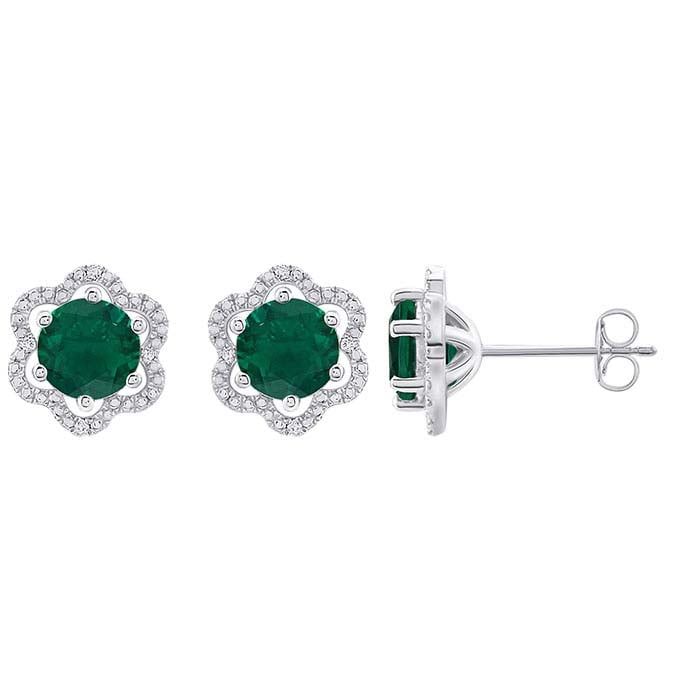SILVER EMERALD &amp; DIAMOND LAB GROWN FLOWER EARRINGS