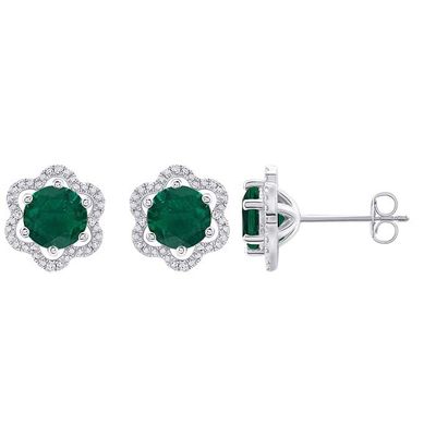 SILVER EMERALD &amp; DIAMOND LAB GROWN FLOWER EARRINGS