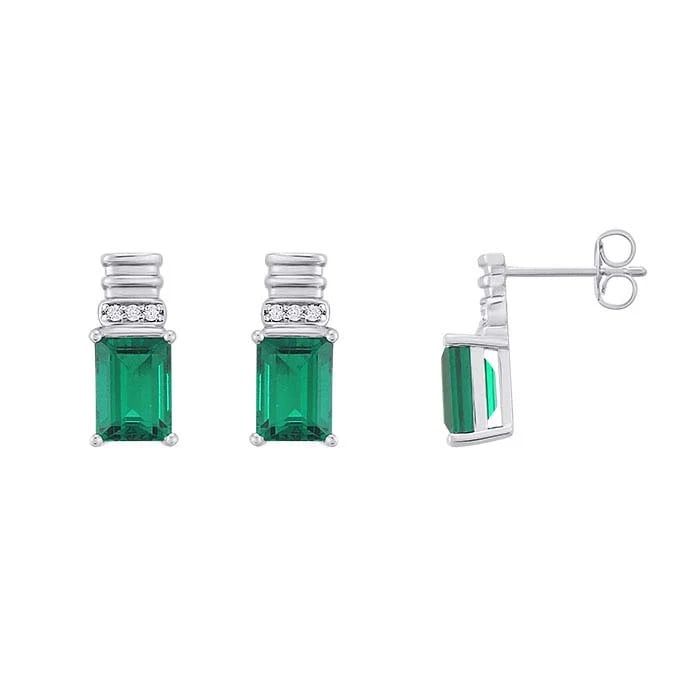 SILVER EMERALD &amp; DIAMOND LAB GROWN BAGUETTE EARRINGS