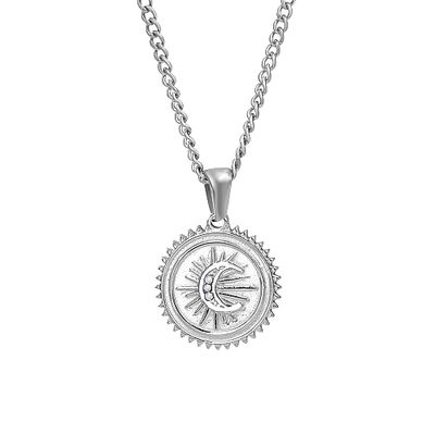 SILVER STAINLESS SUN &amp; CZ CRESCENT MOON NECKLACE