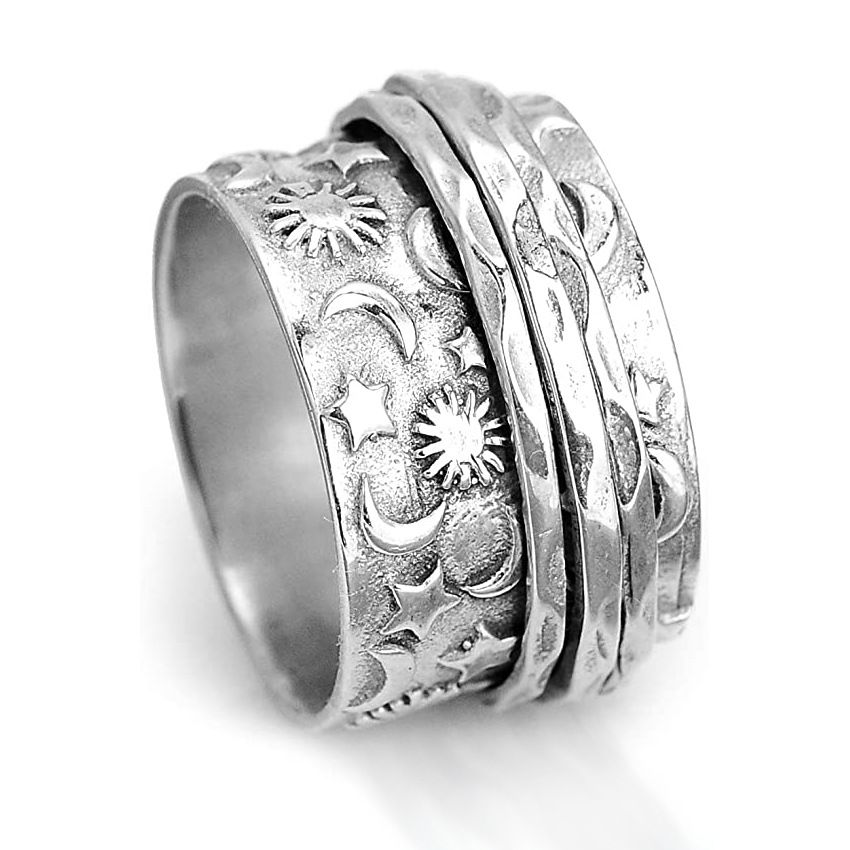 SILVER STAINLESS STAR SUN MOON BAND RING - SIZE 8