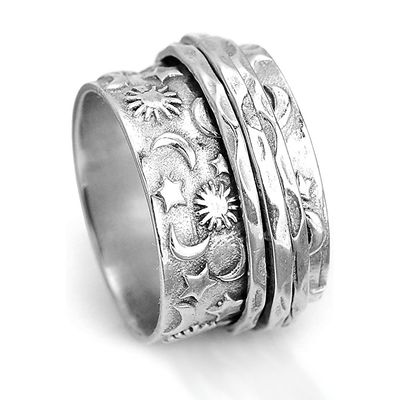 SILVER STAINLESS STAR SUN MOON BAND RING - SIZE 8