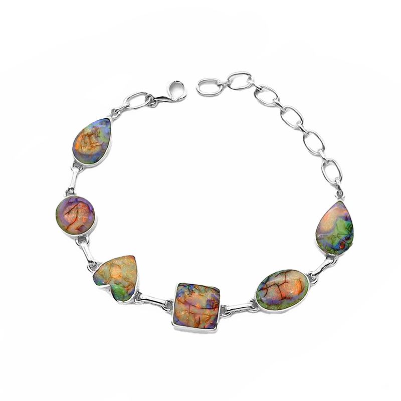 SILVER SPIDER-WEB OPAL SHAPES LINKED BRACELET