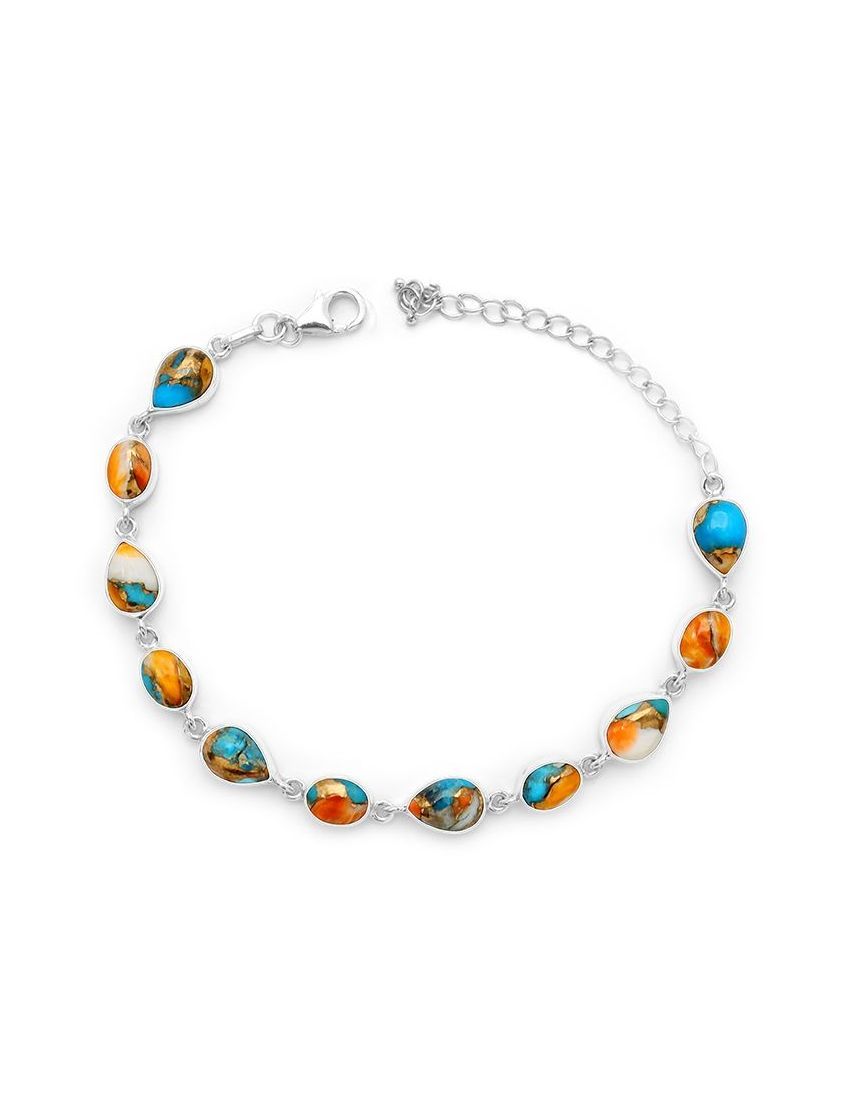 SILVER SPINY OYSTER &amp; TURQUOISE SHAPES LINK BRACELET