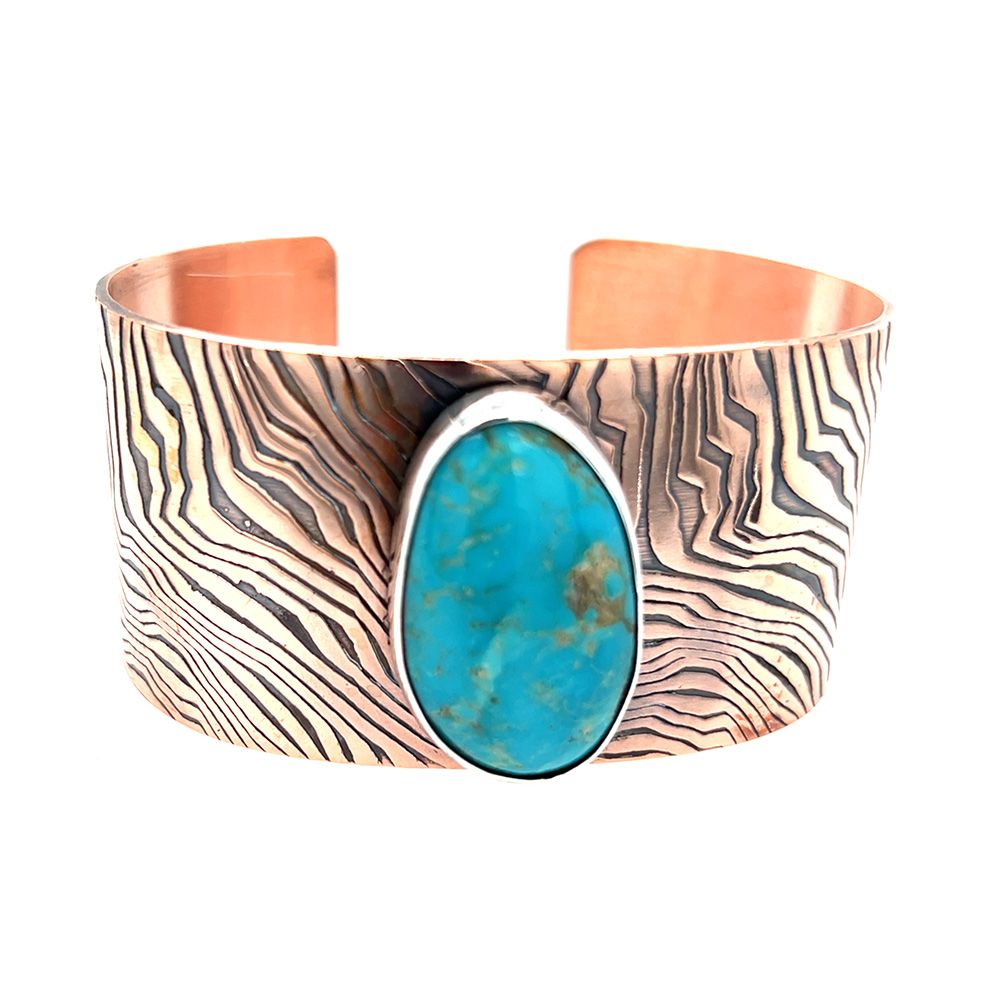 MIXED METALS OXIDIZED ROLLED ENERGY WAVE TURQUOISE CUFF BRACELET