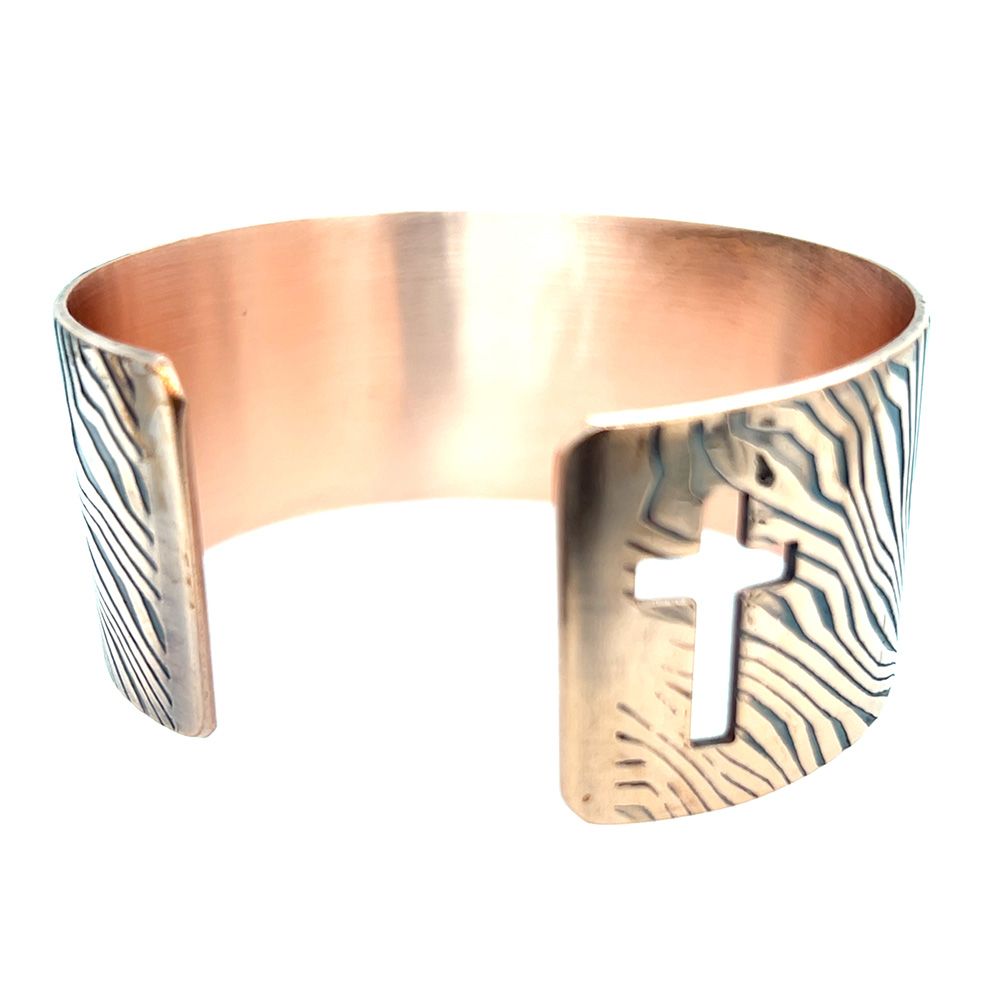 COPPER OXIDIZED ROLLED ENERGY WAVE CROSS CUFF BRACELET
