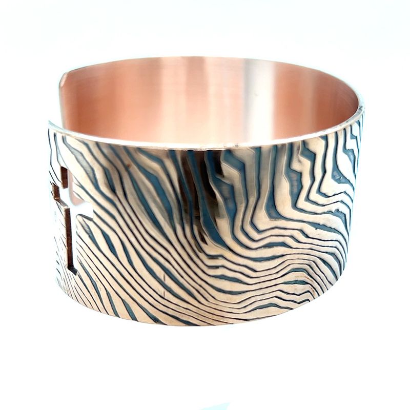 COPPER OXIDIZED ROLLED ENERGY WAVE CROSS CUFF BRACELET
