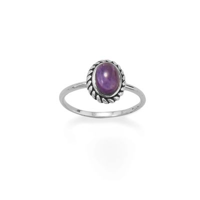 SILVER OVAL AMETHYST CABOCHON RING - 6
