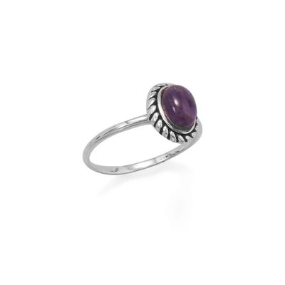 SILVER OVAL AMETHYST CABOCHON RING - 6