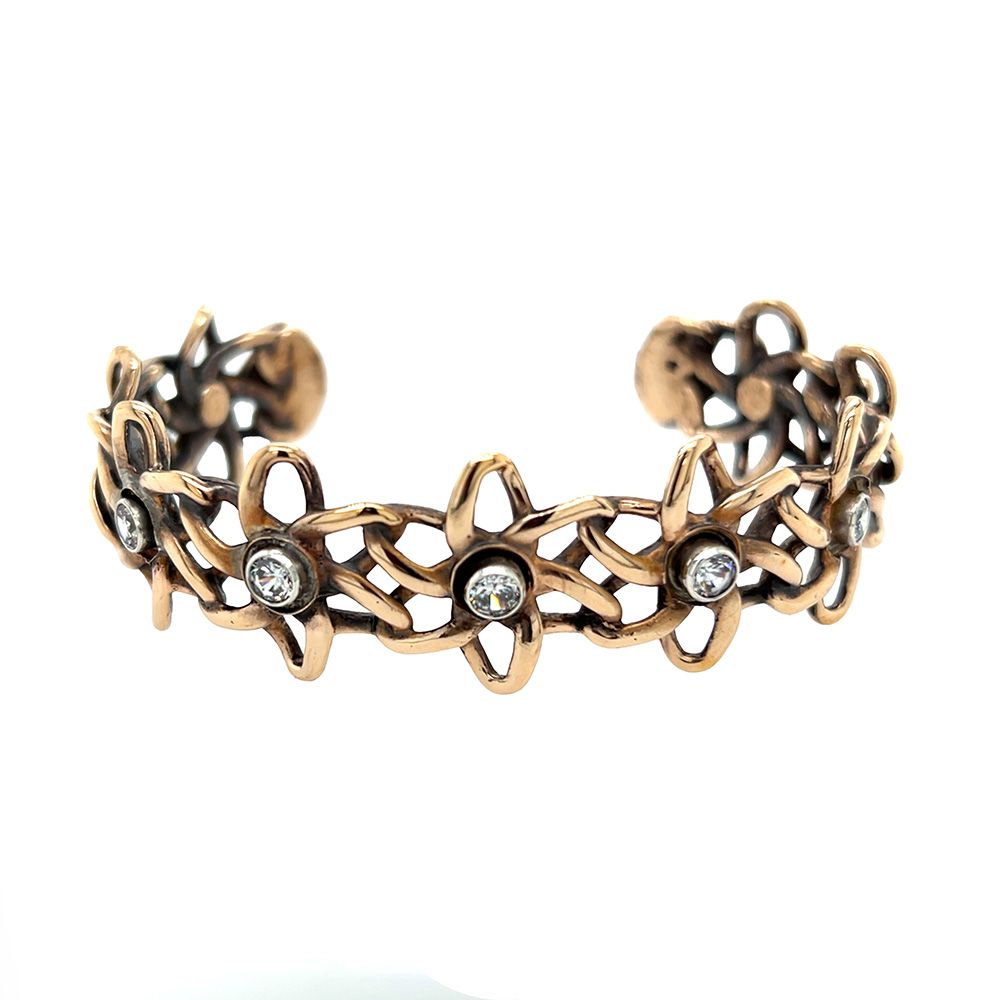 BRONZE OPEN FLOWERS CZ CUFF BRACELET