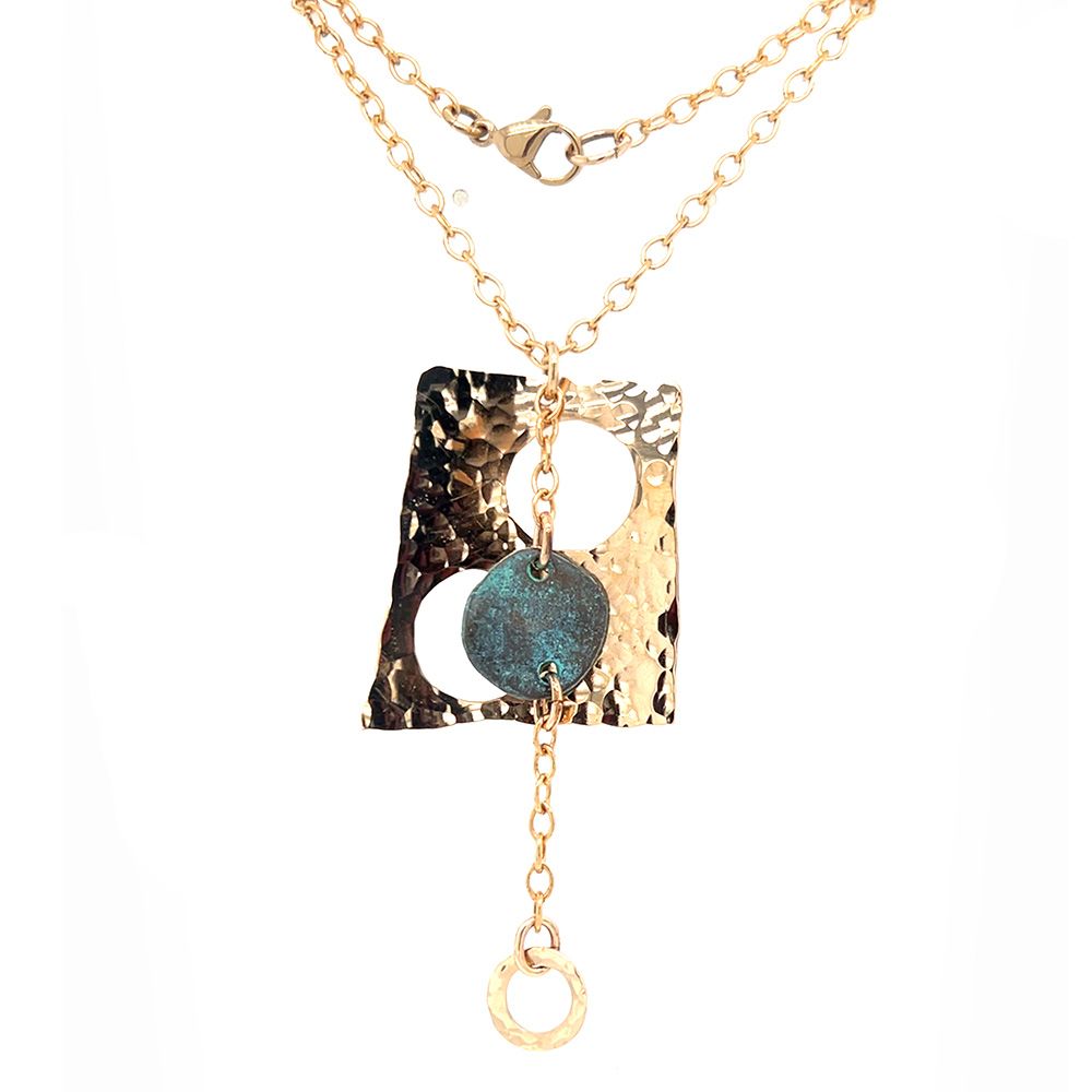 BRONZE HAMMERED RECTANGLE CUT-OUT W/ PATINA DISC NECKLACE