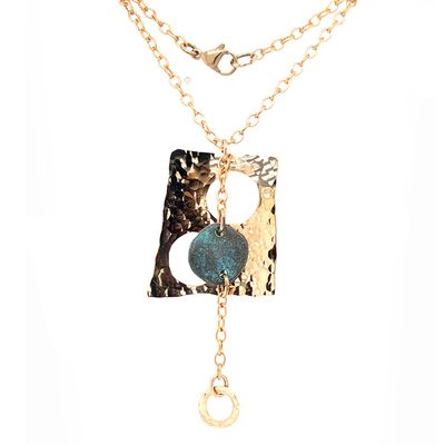 BRONZE HAMMERED RECTANGLE CUT-OUT W/ PATINA DISC NECKLACE