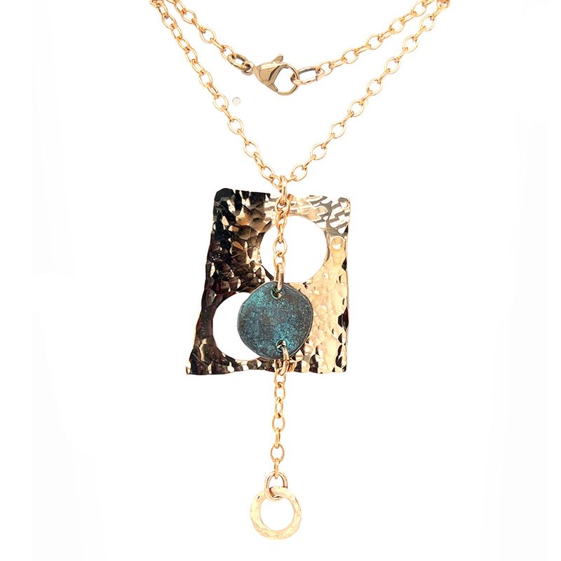 BRONZE HAMMERED RECTANGLE CUT-OUT W/ PATINA DISC NECKLACE