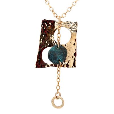 BRONZE HAMMERED RECTANGLE CUT-OUT W/ PATINA DISC NECKLACE