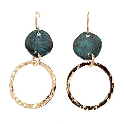 BRONZE HAMMERED &amp; PATINA CIRCLE DISC EARRINGS