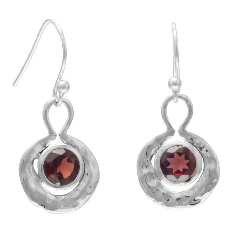 SILVER HAMMERED ROUND GARNET EARRINGS
