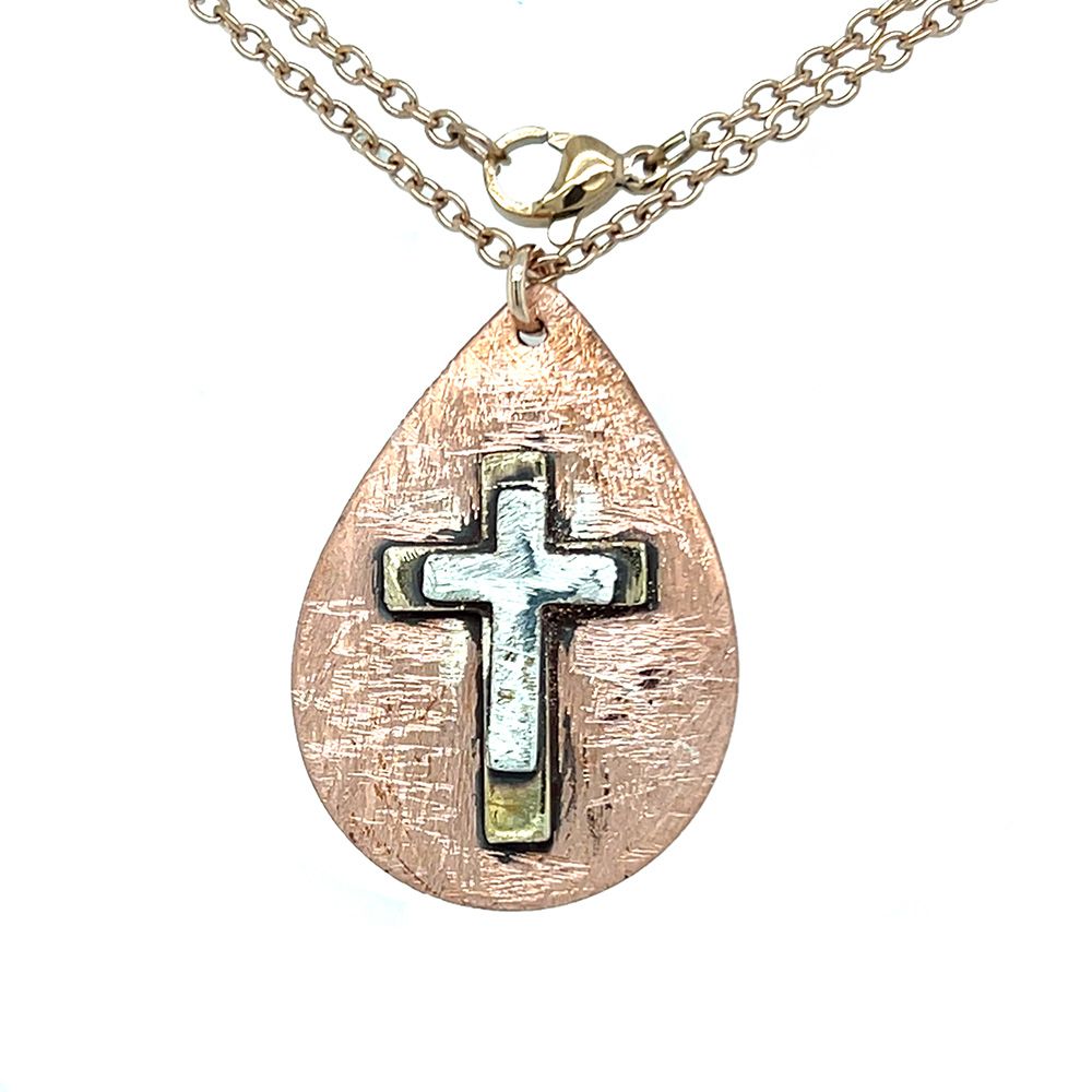 MIXED METALS DOUBLE CROSS TEARDROP NECKLACE