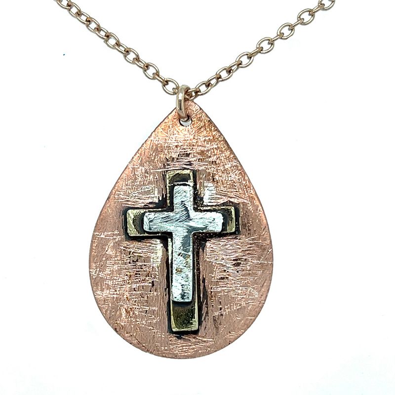 MIXED METALS DOUBLE CROSS TEARDROP NECKLACE