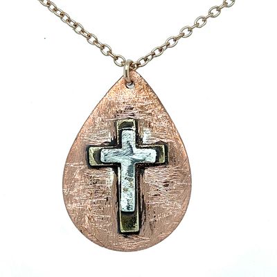 MIXED METALS DOUBLE CROSS TEARDROP NECKLACE