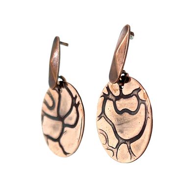 COPPER OXIDIZED  ROLLED ROSE TEXTURE ROUND DISC EARRINGS