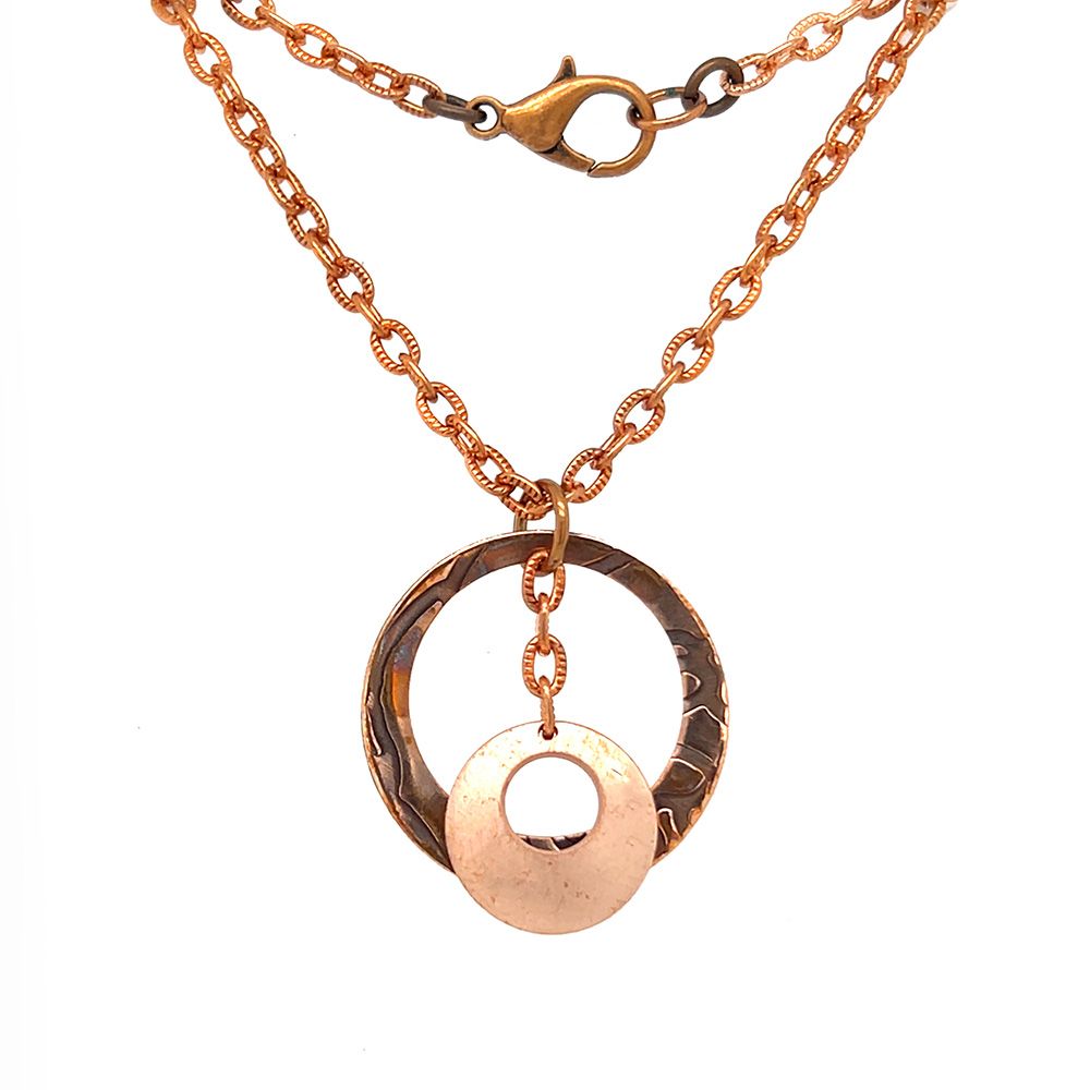 COPPER OXIDIZED ROLLED ROSE TEXTURE &amp; BRUSHED CIRCLE NECKLACE