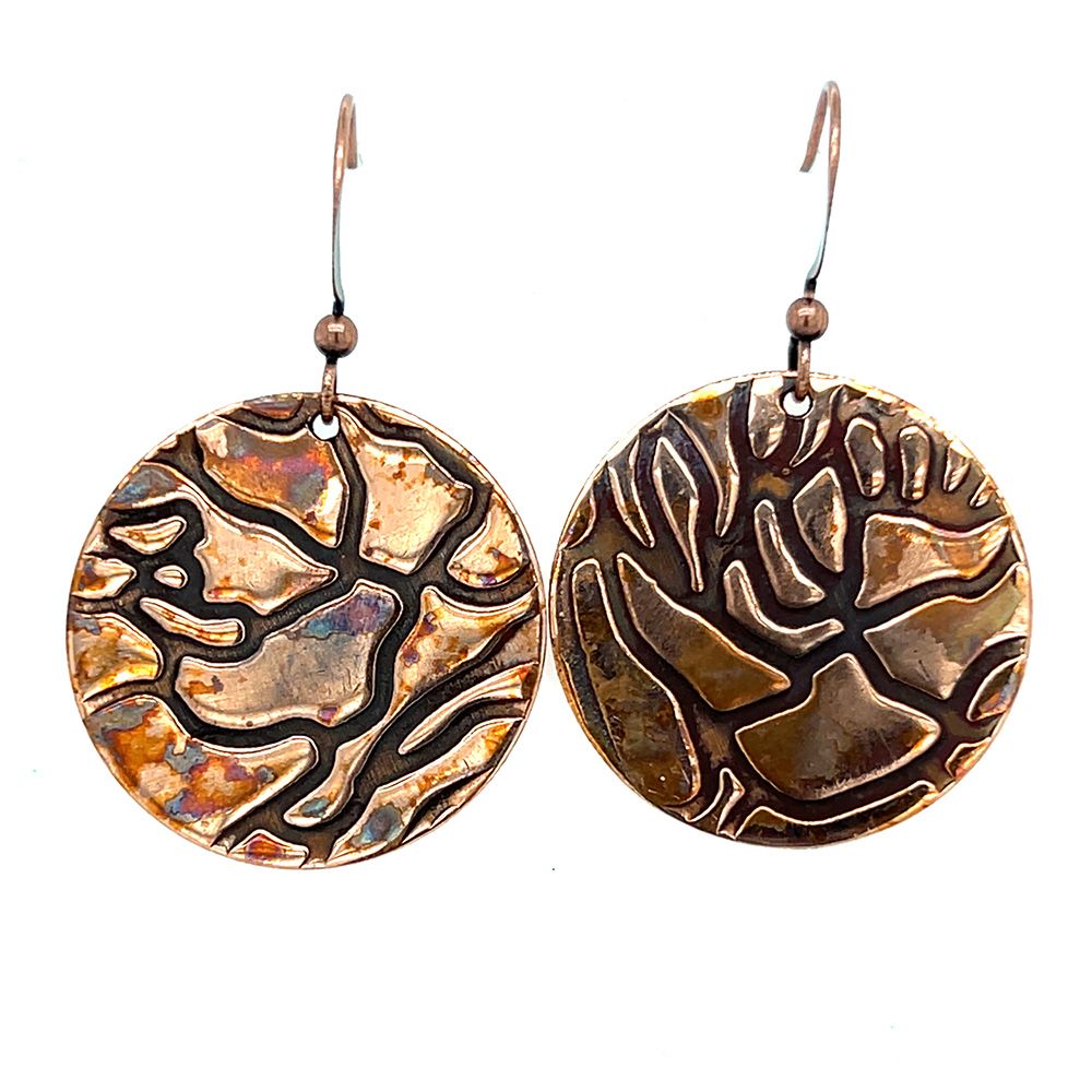 COPPER OXIDIZED  ROLLED ROSE TEXTURE ROUND DISC EARRINGS
