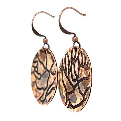 COPPER OXIDIZED  ROLLED ROSE TEXTURE ROUND DISC EARRINGS