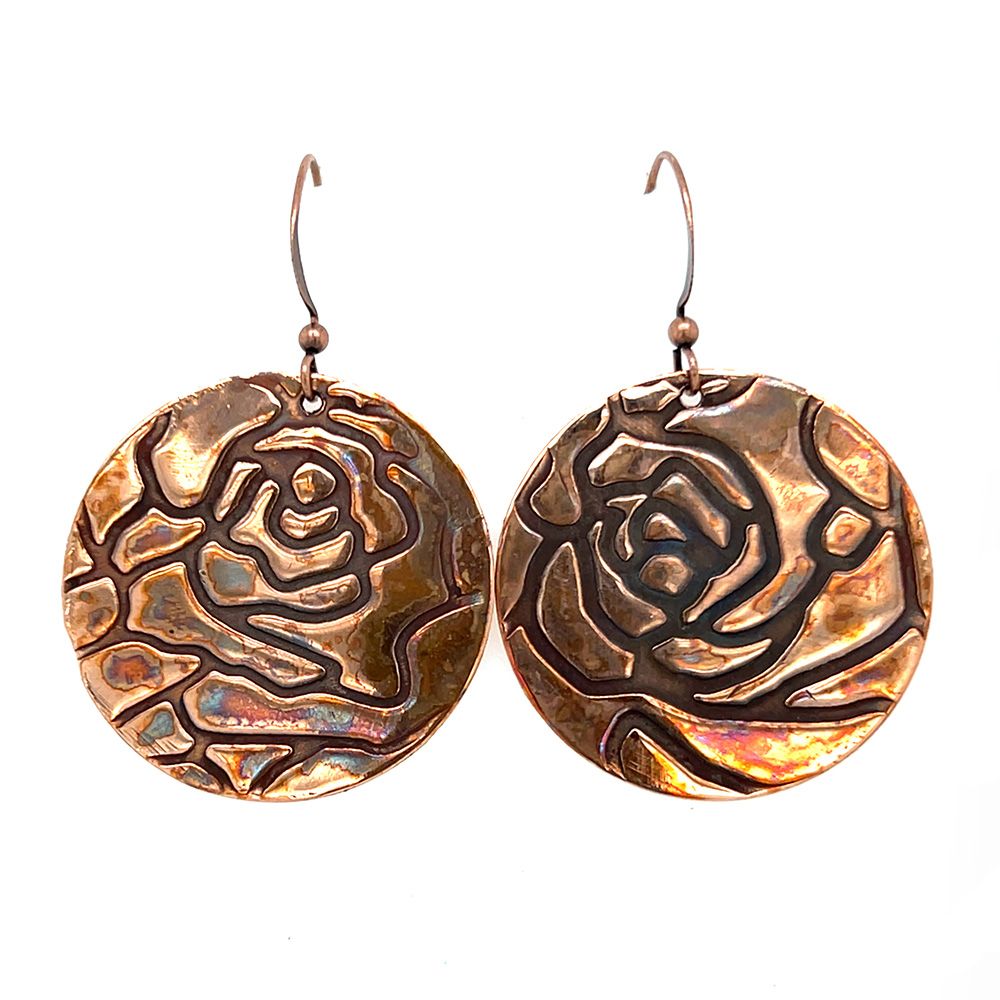 COPPER OXIDIZED  ROLLED ROSE TEXTURE ROUND DISC EARRINGS