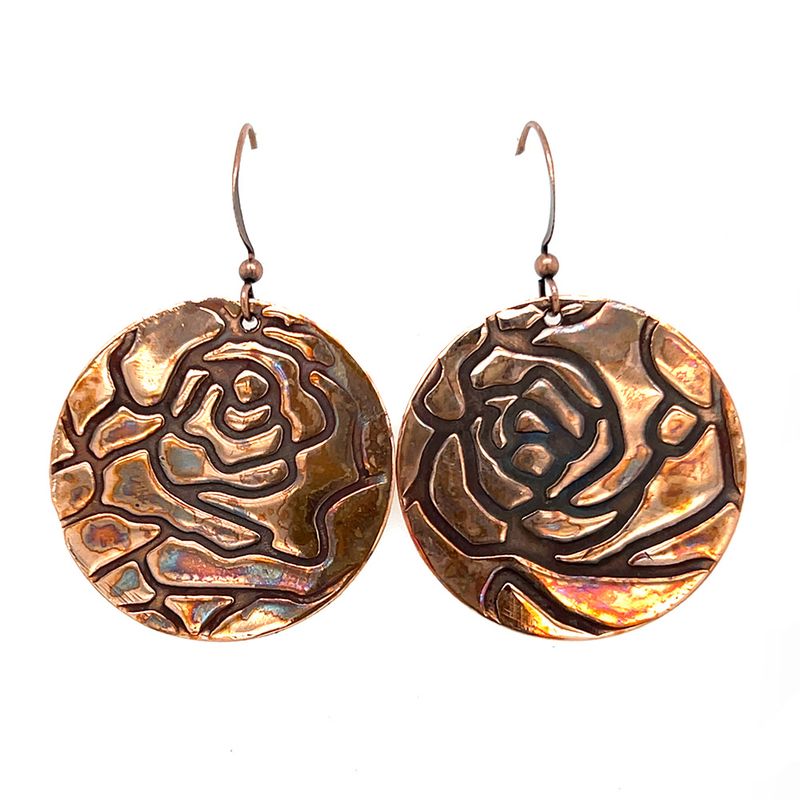 COPPER OXIDIZED  ROLLED ROSE TEXTURE ROUND DISC EARRINGS