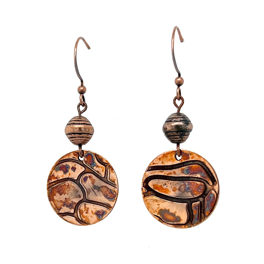 COPPER OXIDIZED  ROLLED ROSE TEXTURE ROUND DISC BEAD EARRINGS