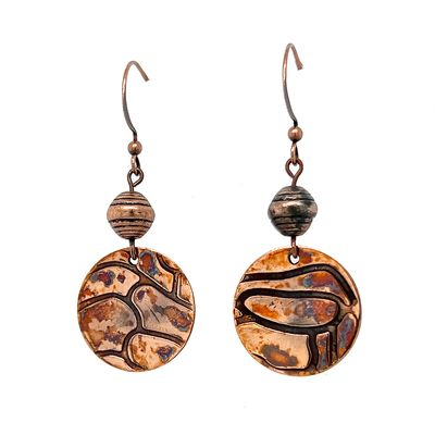 COPPER OXIDIZED  ROLLED ROSE TEXTURE ROUND DISC BEAD EARRINGS