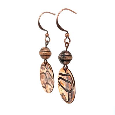COPPER OXIDIZED  ROLLED ROSE TEXTURE ROUND DISC BEAD EARRINGS