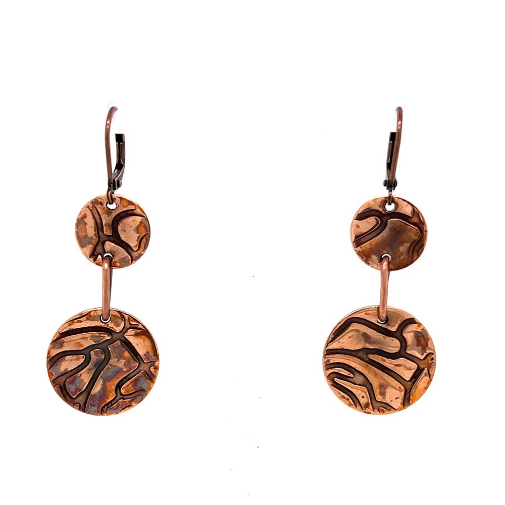 COPPER OXIDIZED  ROLLED ROSE TEXTURE DOUBLE ROUND LINKED  DISC EARRINGS