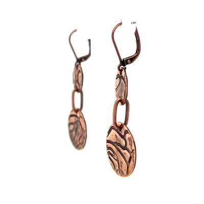 COPPER OXIDIZED  ROLLED ROSE TEXTURE DOUBLE ROUND LINKED  DISC EARRINGS