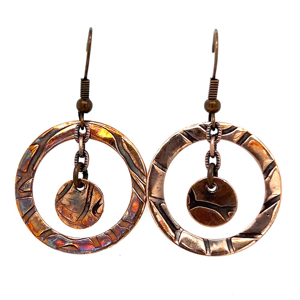 COPPER OXIDIZED  ROLLED ROSE TEXTURE  DOUBLE ROUND DISC EARRINGS