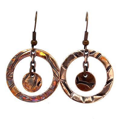 COPPER OXIDIZED  ROLLED ROSE TEXTURE  DOUBLE ROUND DISC EARRINGS