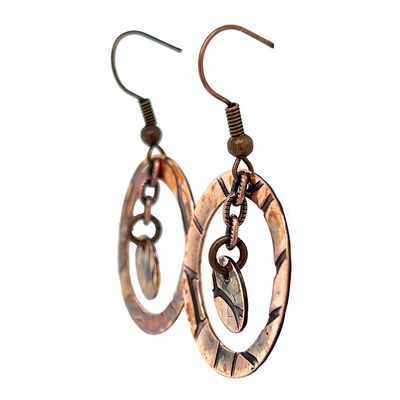 COPPER OXIDIZED  ROLLED ROSE TEXTURE  DOUBLE ROUND DISC EARRINGS