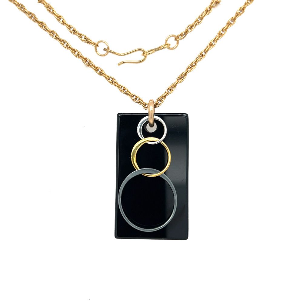 MIXED METALS ONYX RECTANGLE &amp; CIRCLE DANGLE NECKLACE