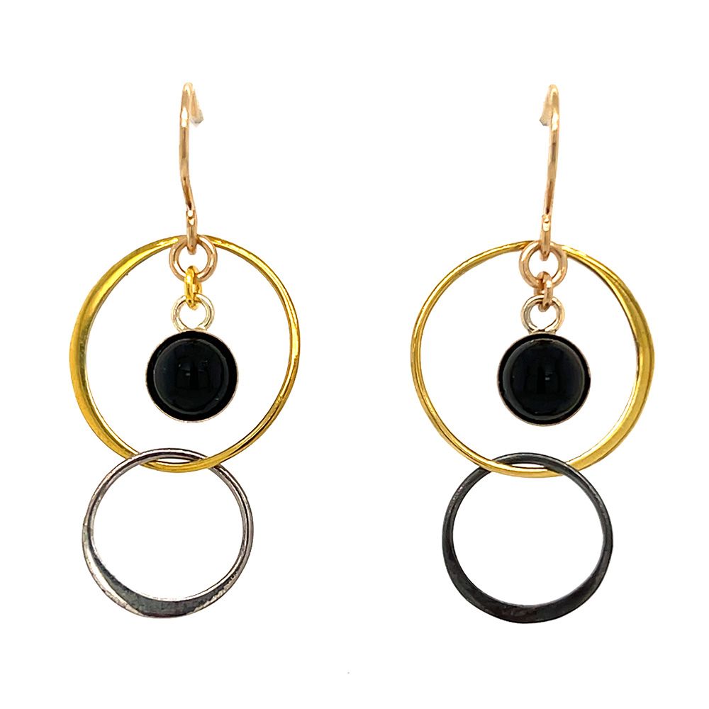MIXED METALS DOUBLE CIRCLE DISC &amp; ONYX EARRINGS