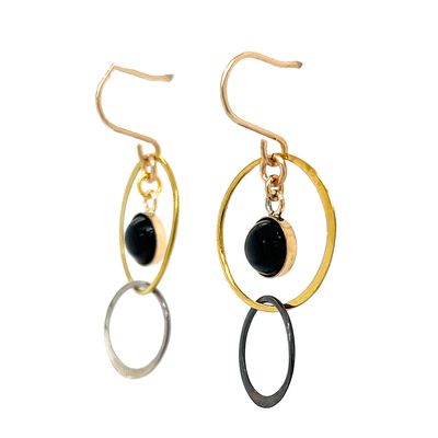 MIXED METALS DOUBLE CIRCLE DISC & ONYX EARRINGS