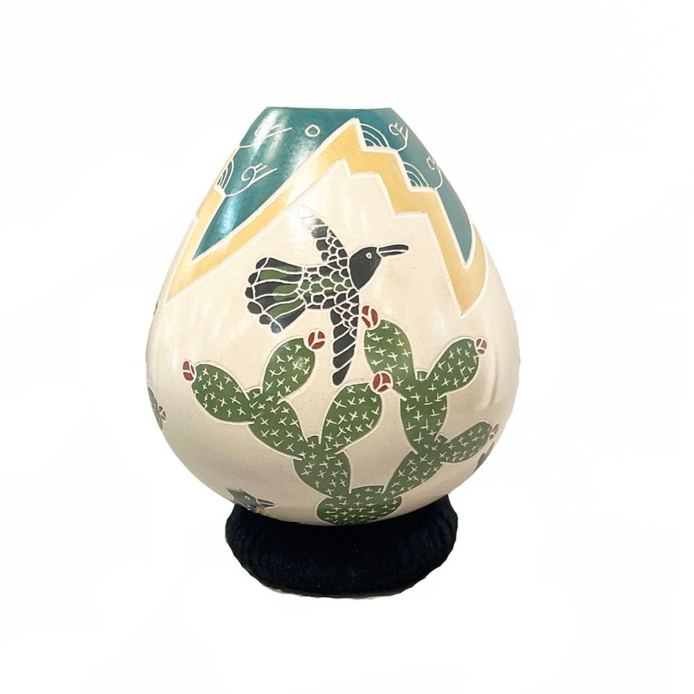 MATA ORTIZ COLORFUL CACTUS &amp; HUMMINGBIRD - 5 x 3.5