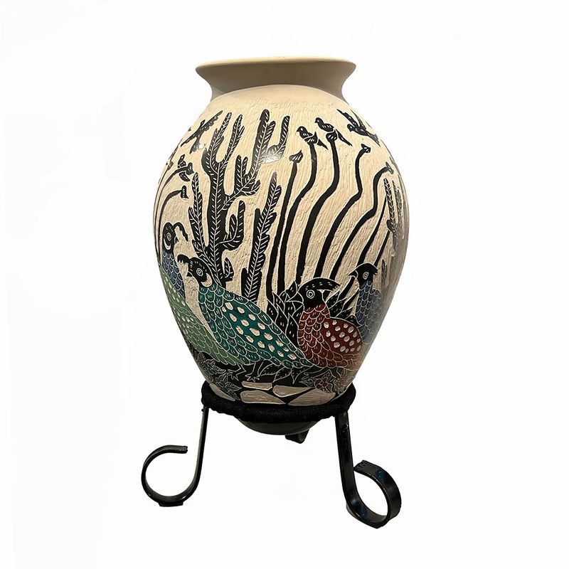MATA ORTIZ ETCHED FAMILY QUAIL VASE 13 x 7 MATA ORTIZ ETCHED FAMILY QUAIL VASE 13 x 7