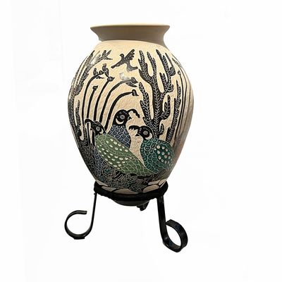 MATA ORTIZ ETCHED FAMILY QUAIL VASE 13 x 7