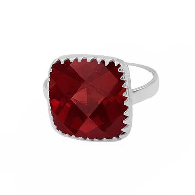 SILVER GARNET SQUARE RING - 7